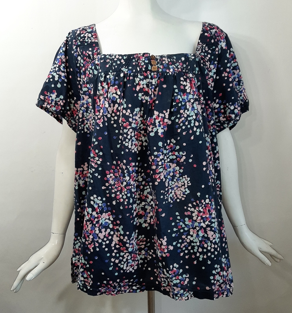 3/$18 Plus 3X Top Basic Editions Blue Pink 3 Button Squared Pleat Neckline